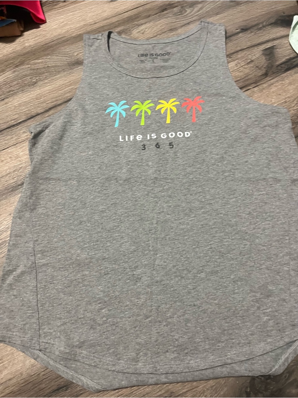Life Is Good Gray Tank Top with Neon Palm Tree Graphic